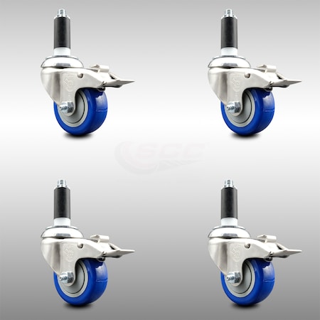 Service Caster 3 Inch 316SS Blue Poly Swivel 1 Inch Expanding Stem Caster Set Lock Brake SCC-SS316TTLEX20S314-PPUB-BLUE-1-4